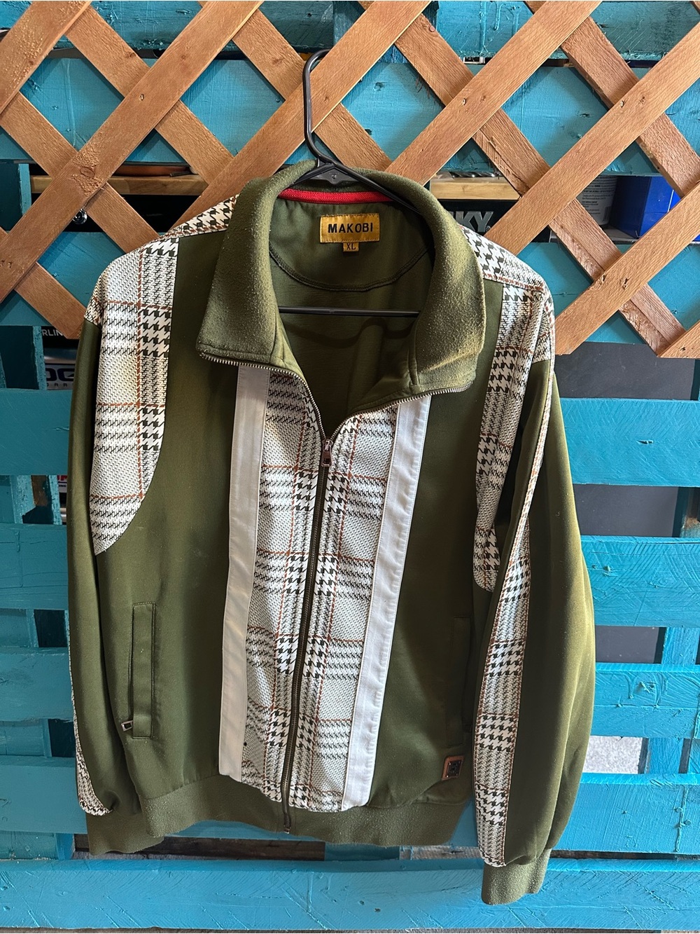 Makobi Olive Green Plaid-Panel Bomber Jacket